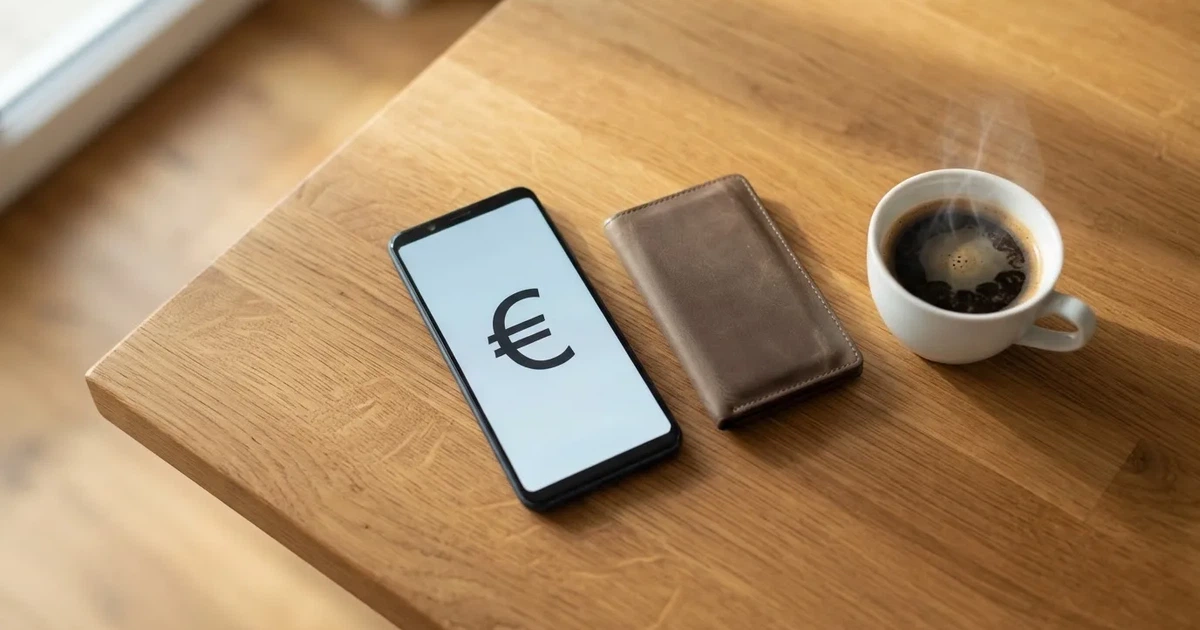 Un móvil sobre una mesa de madera junto a una cartera y una taza de café