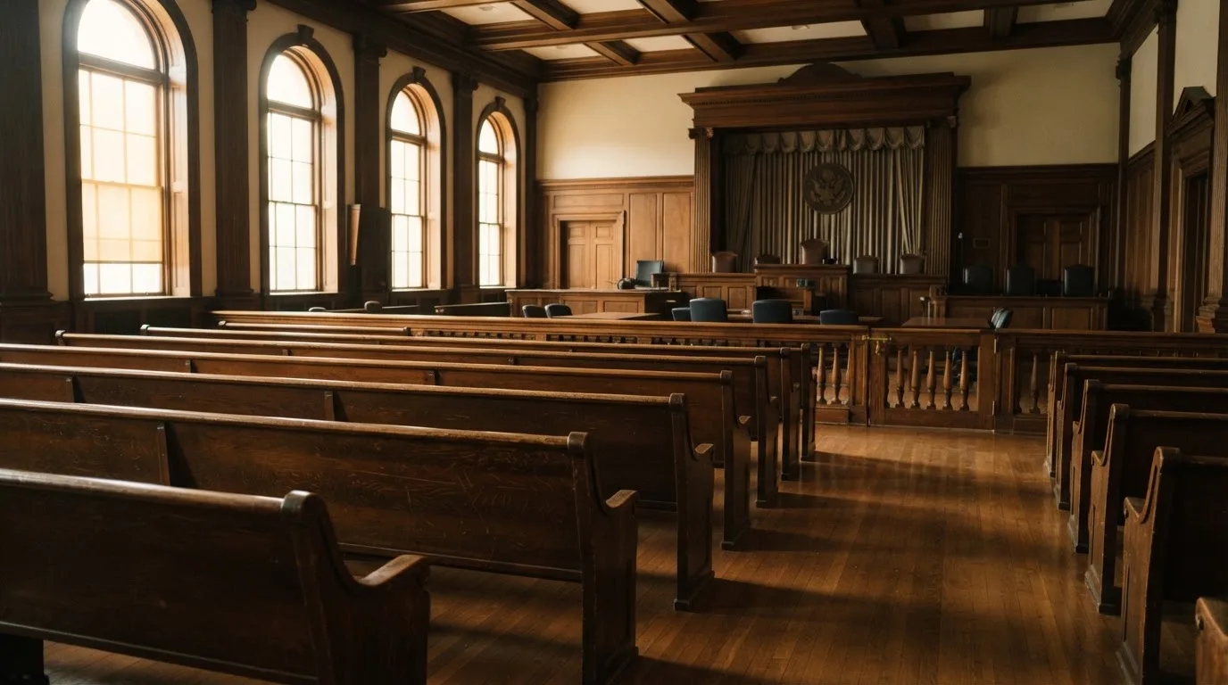 Una sala de tribunal vacía con bancos de madera a la luz de la mañana