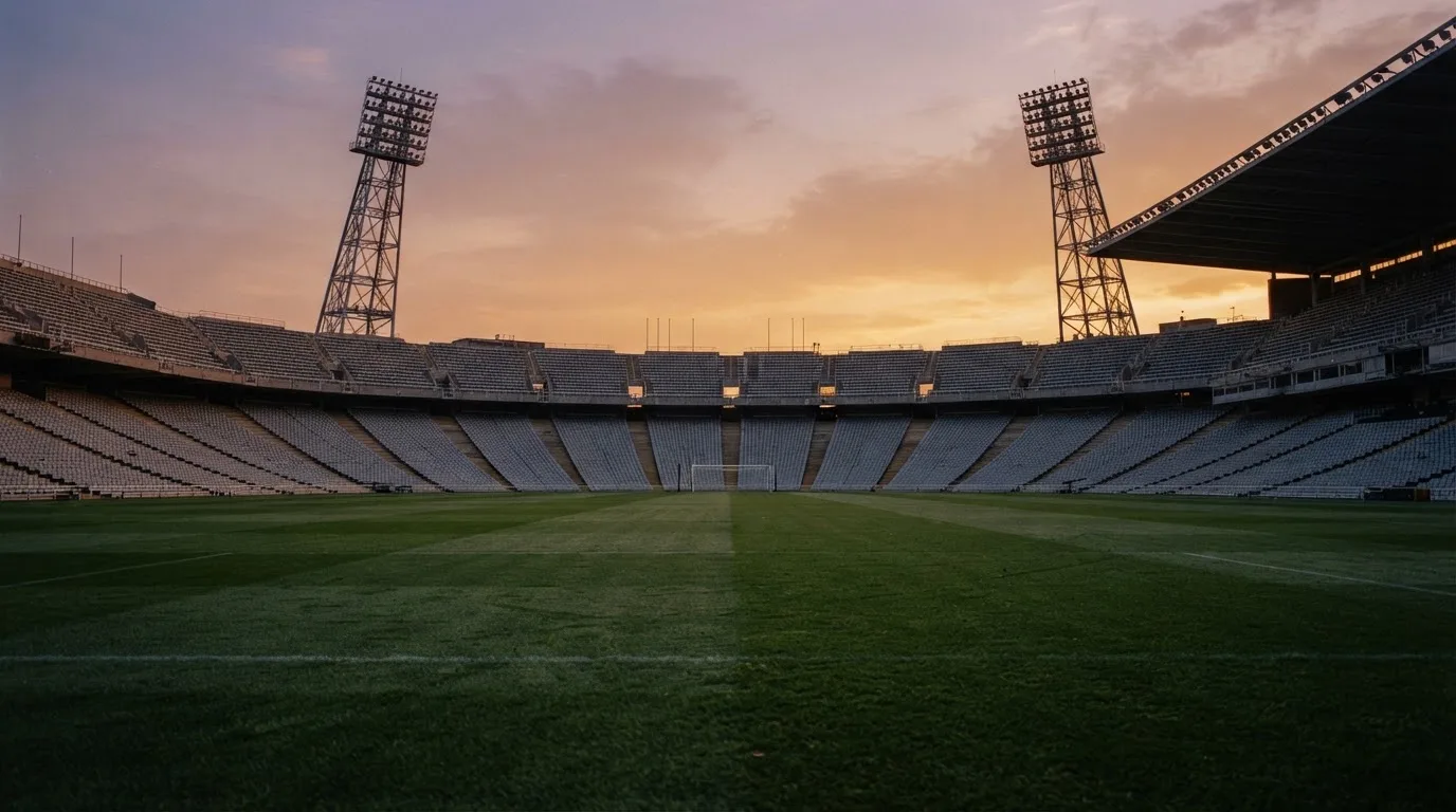 Un estadio de fútbol vacío con torres de iluminación al atardecer