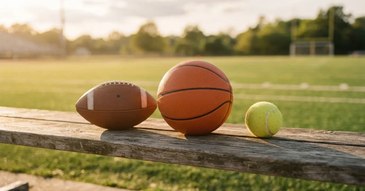 Tres balones de distintos tipos, uno junto a otro, sobre un banco de madera