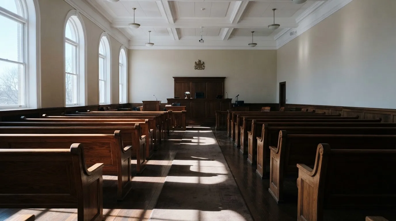 Una sala de tribunal vacía con bancos de madera a la luz de la mañana