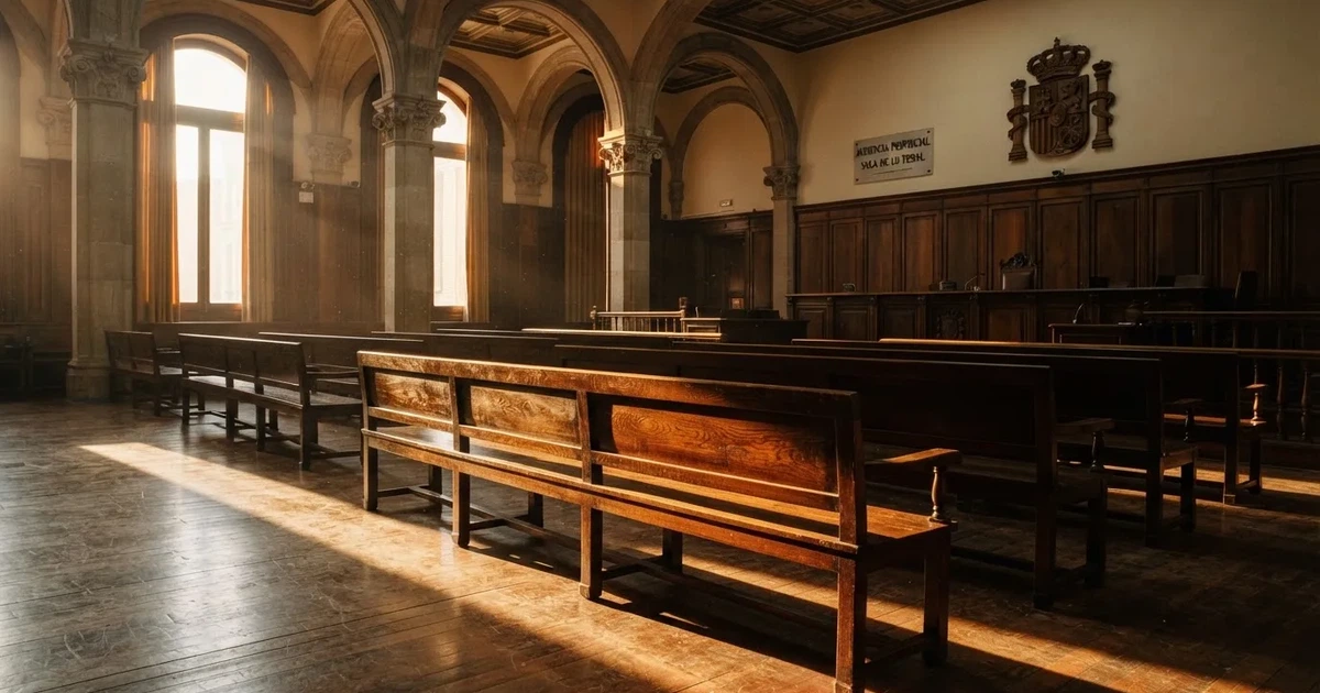 Una sala de tribunal vacía con bancos de madera a la luz de la mañana