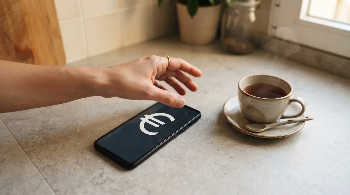 Una mano deja un móvil junto a una taza de té sobre la mesa de la cocina, una tarde tranquila