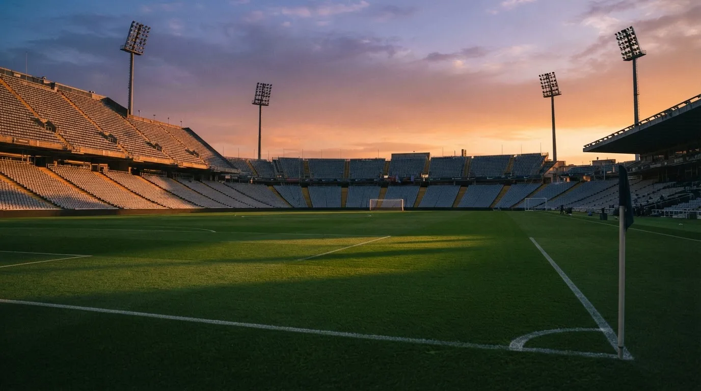 Un estadio de fútbol vacío con torres de iluminación al atardecer