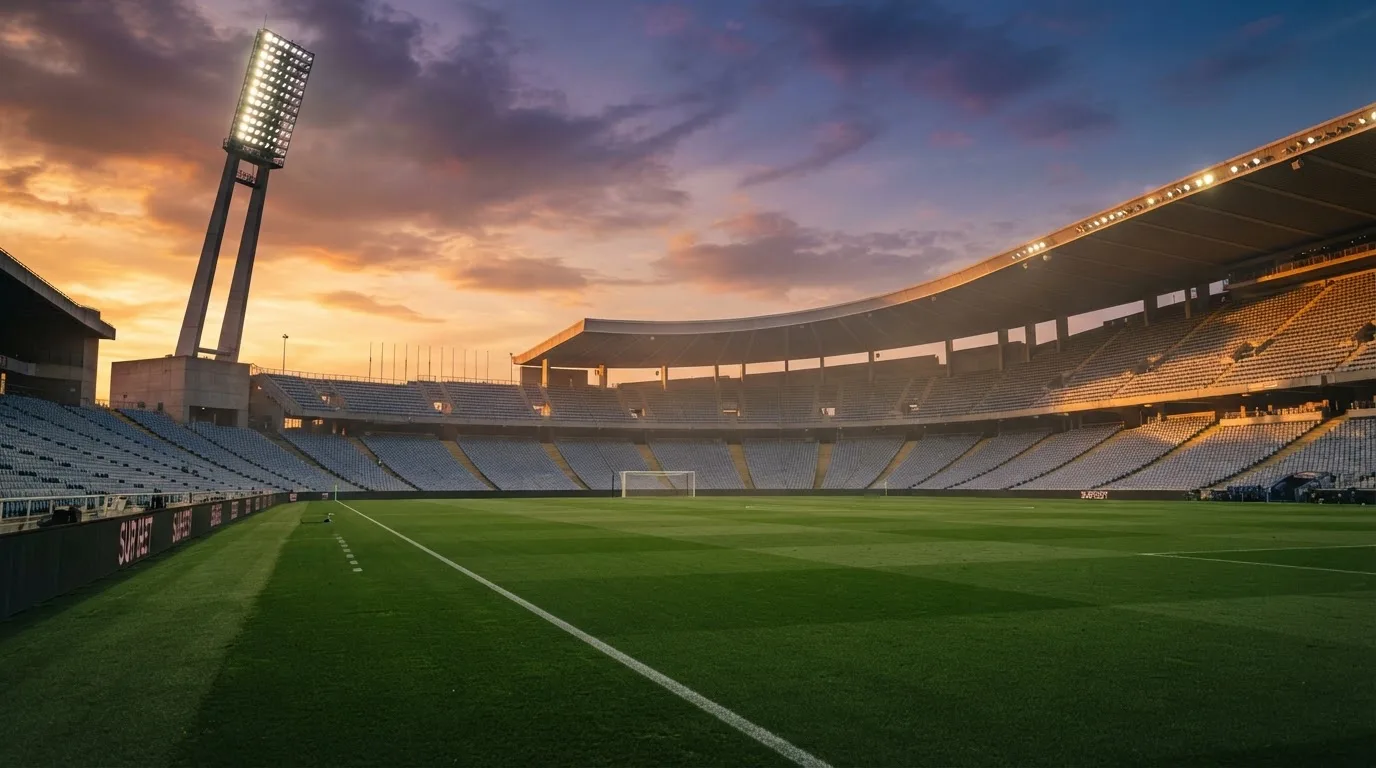 Un estadio de fútbol vacío con torres de iluminación al atardecer