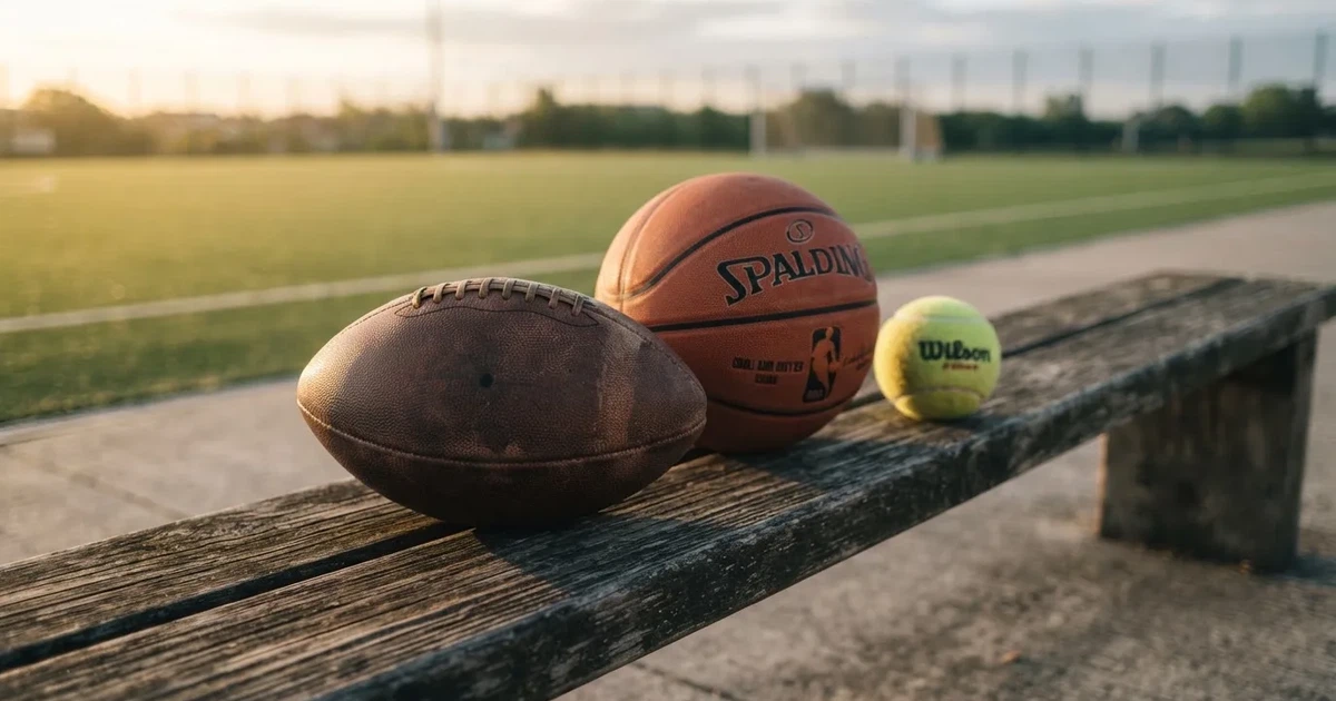 Tres balones de distintos tipos, uno junto a otro, sobre un banco de madera