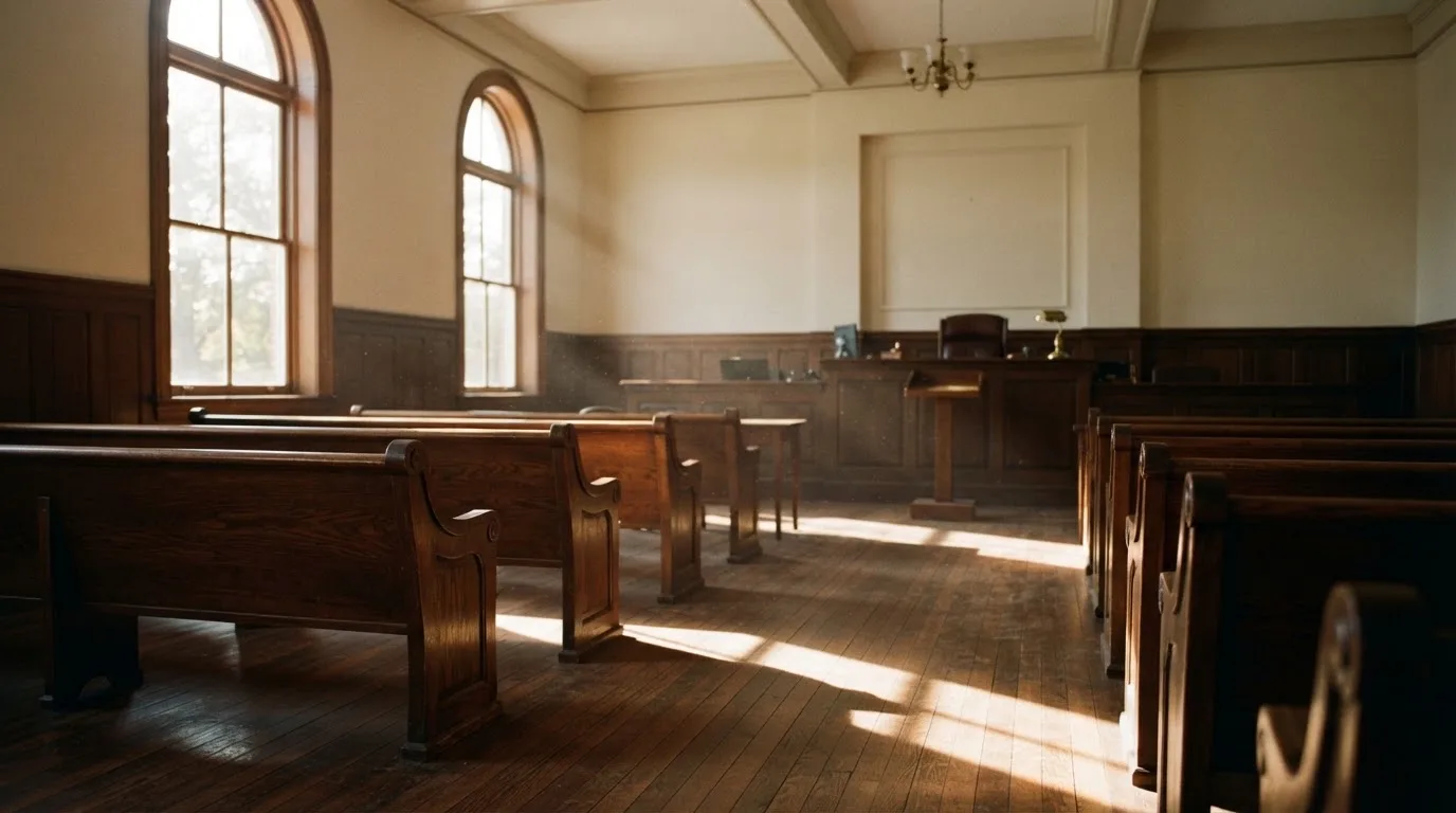 Una sala de tribunal vacía con bancos de madera a la luz de la mañana