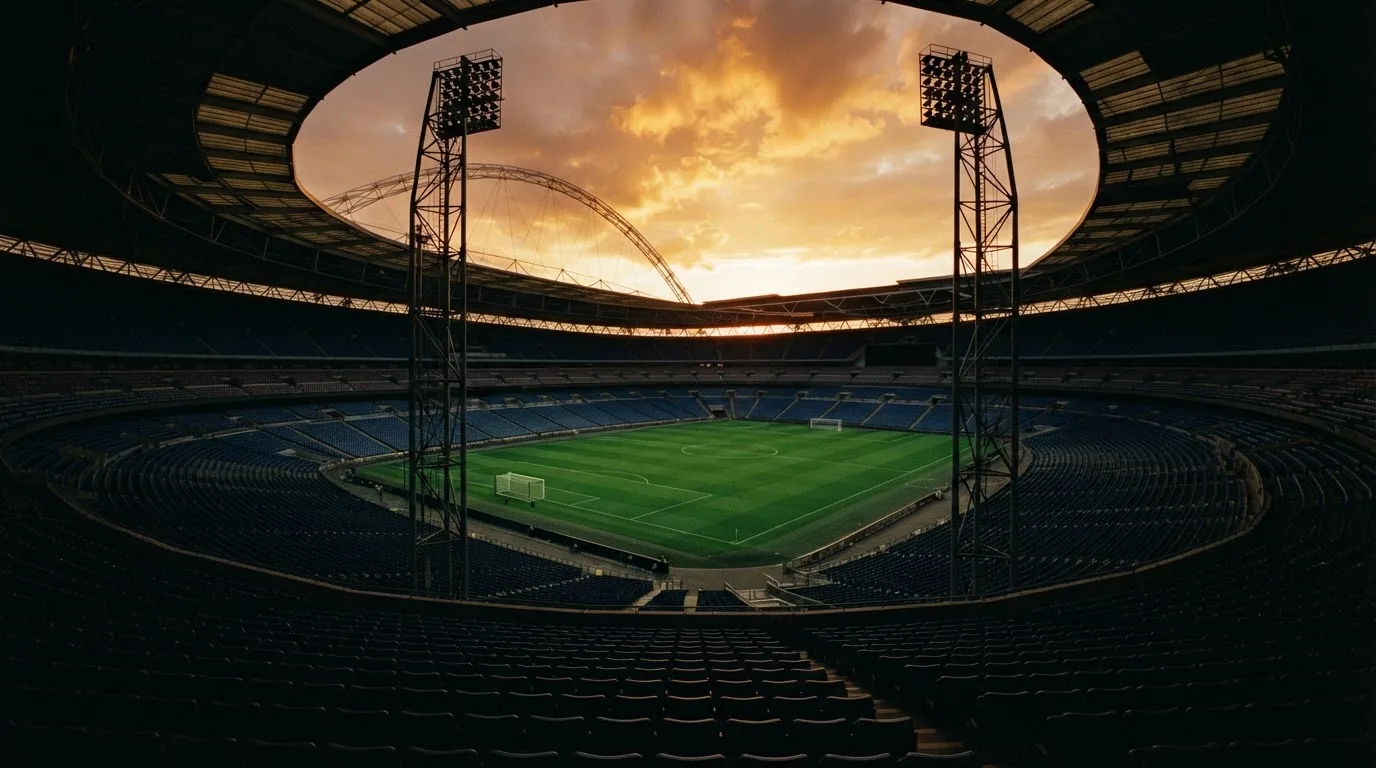 Un estadio de fútbol vacío con torres de iluminación al atardecer