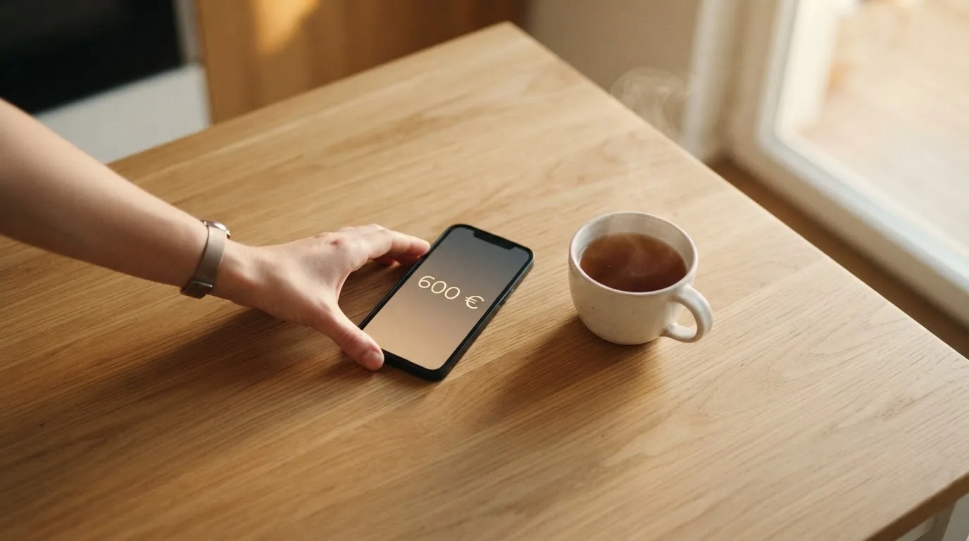Una mano deja un móvil junto a una taza de té sobre la mesa de la cocina, una tarde tranquila