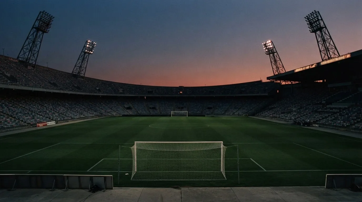 Un estadio de fútbol vacío con torres de iluminación al atardecer