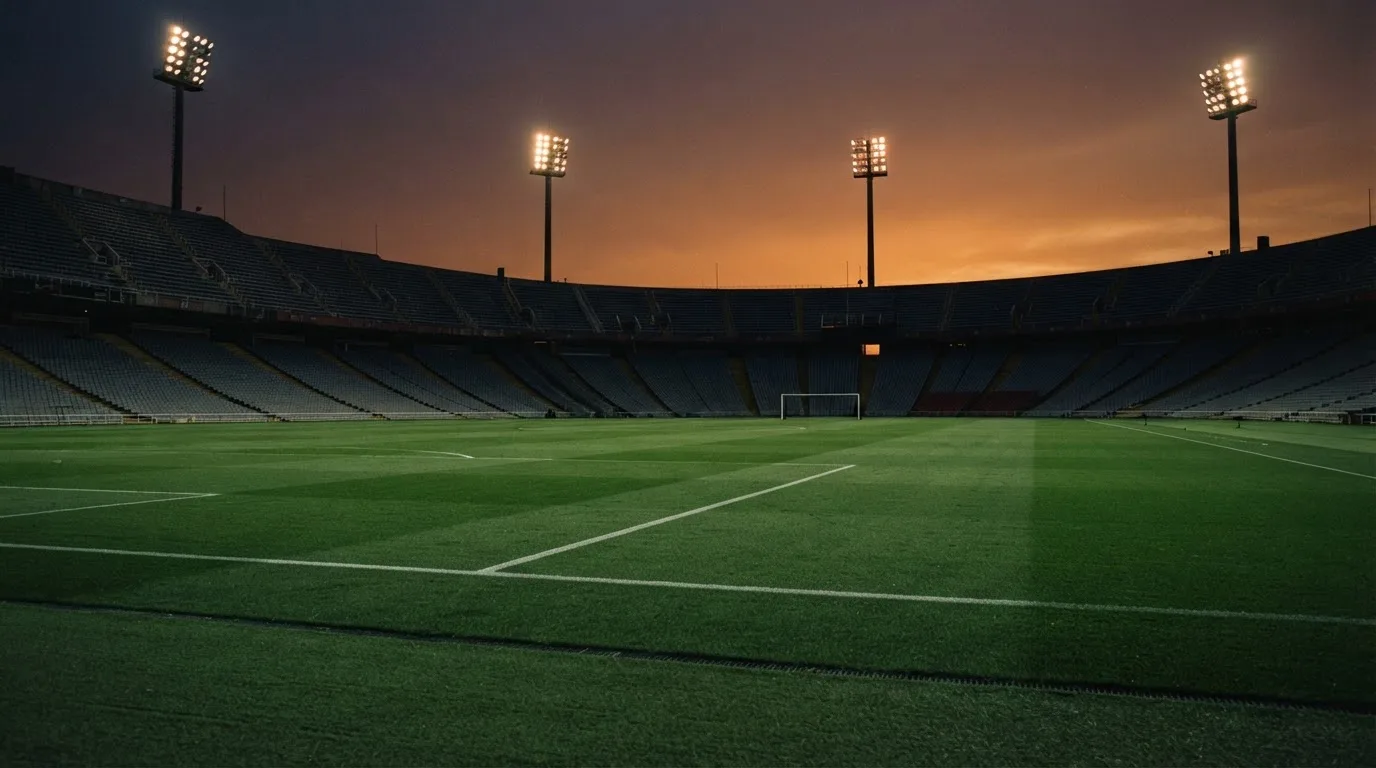 Un estadio de fútbol vacío con torres de iluminación al atardecer