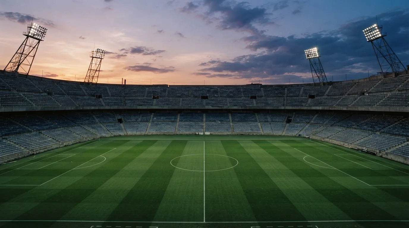 Un estadio de fútbol vacío con torres de iluminación al atardecer