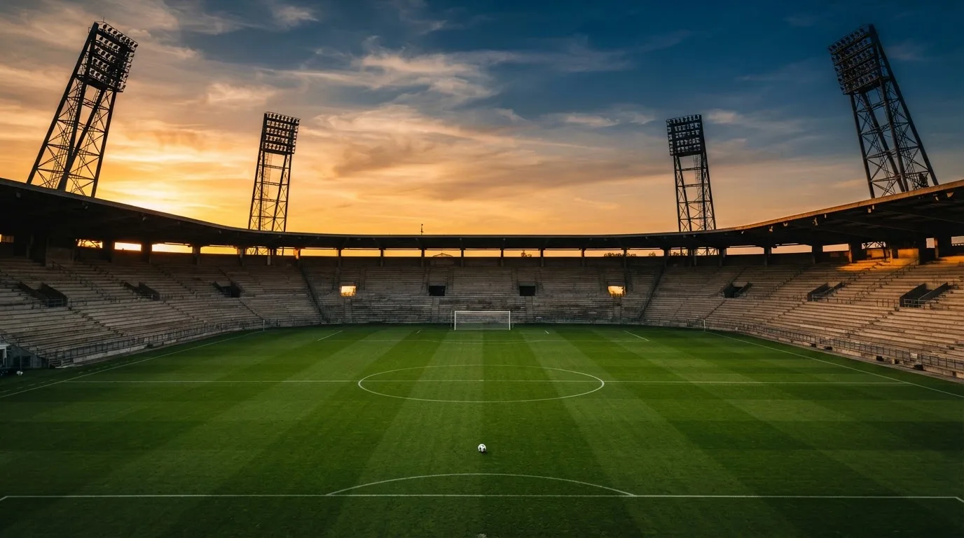 Un estadio de fútbol vacío con torres de iluminación al atardecer