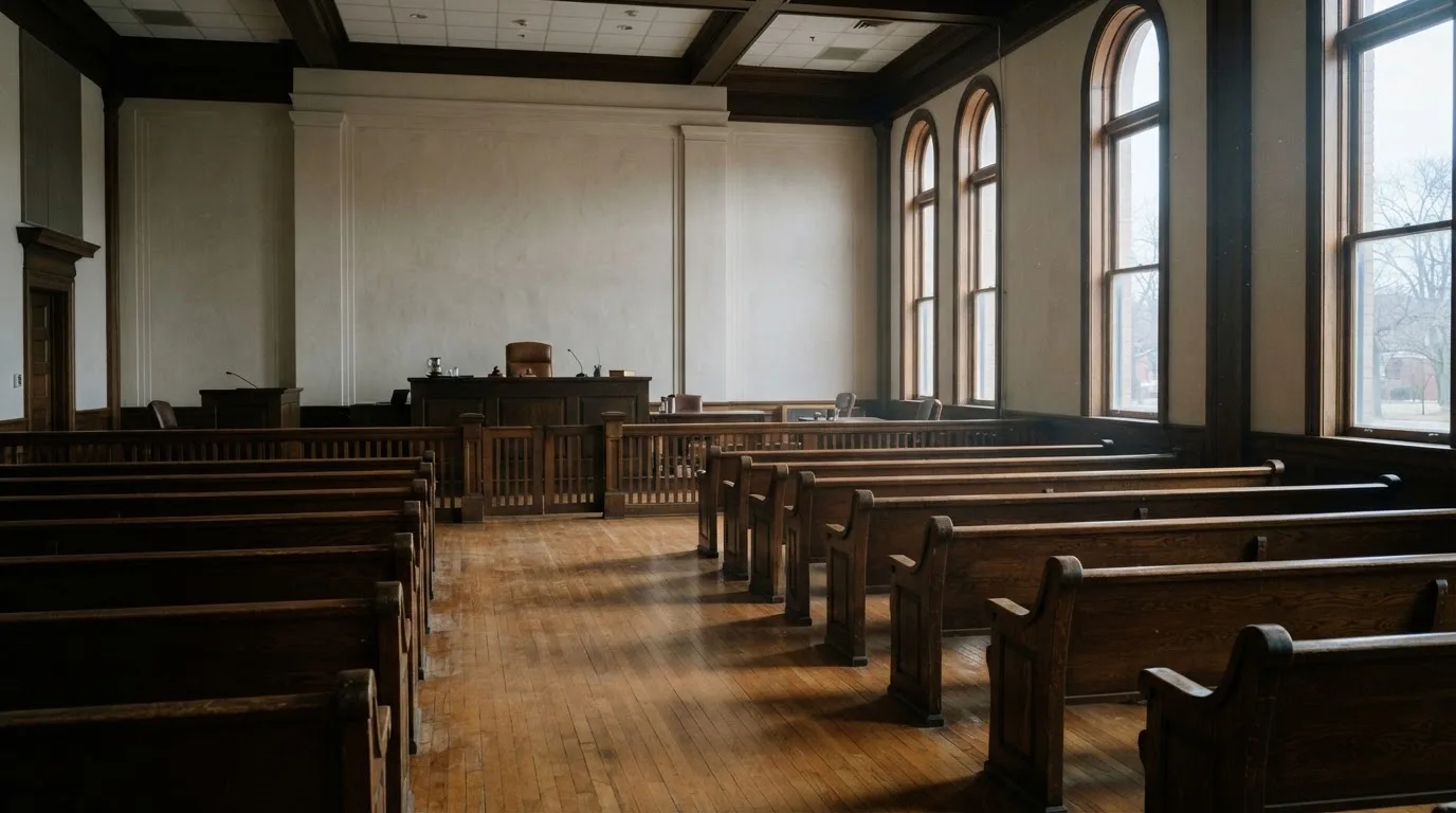 Una sala de tribunal vacía con bancos de madera a la luz de la mañana