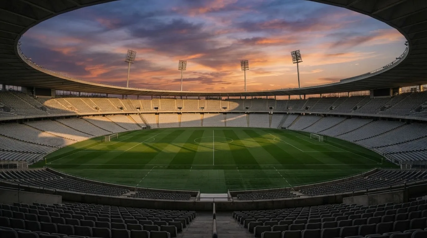 Un estadio de fútbol vacío con torres de iluminación al atardecer