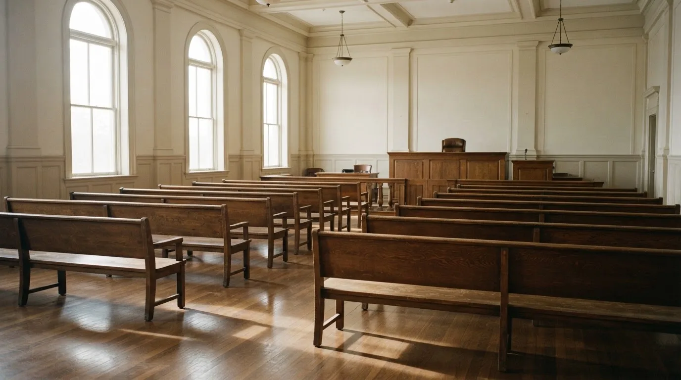 Una sala de tribunal vacía con bancos de madera a la luz de la mañana