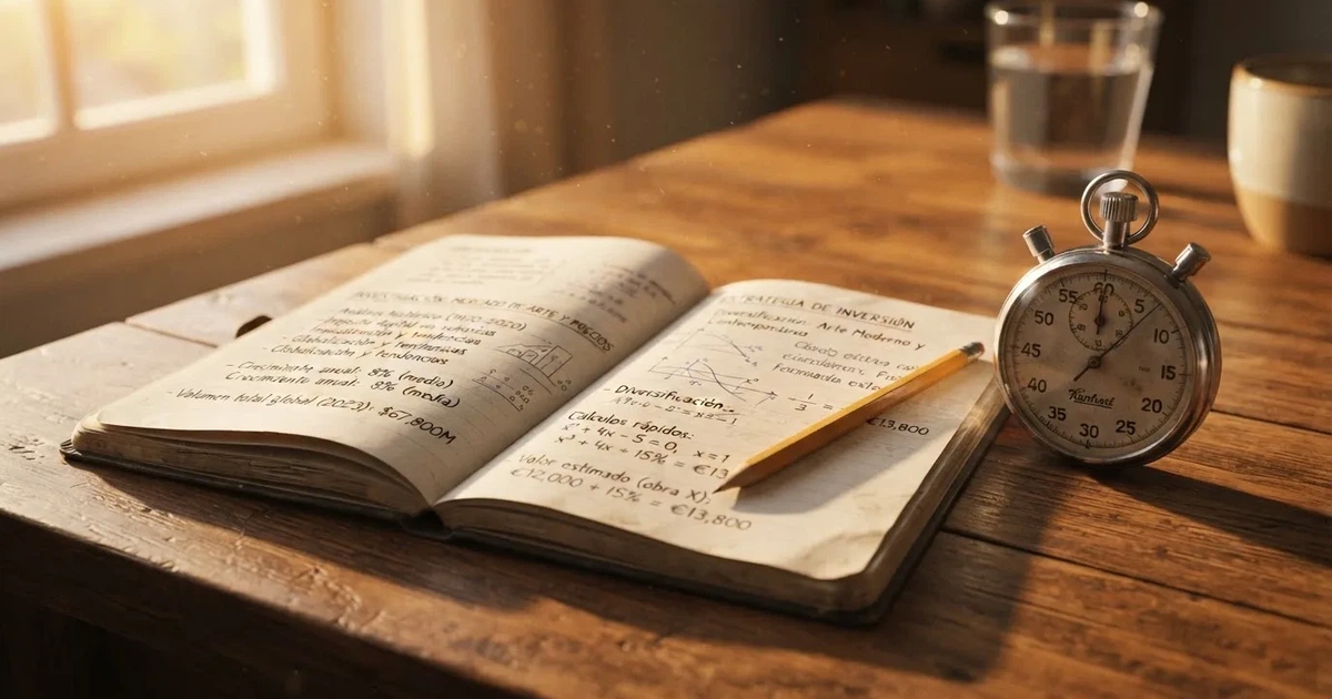 Un cuaderno abierto con un lápiz y un cronómetro sobre una mesa de madera
