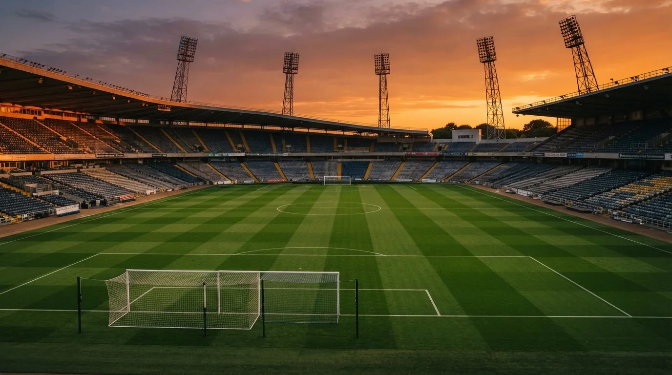 Un estadio de fútbol vacío con torres de iluminación al atardecer