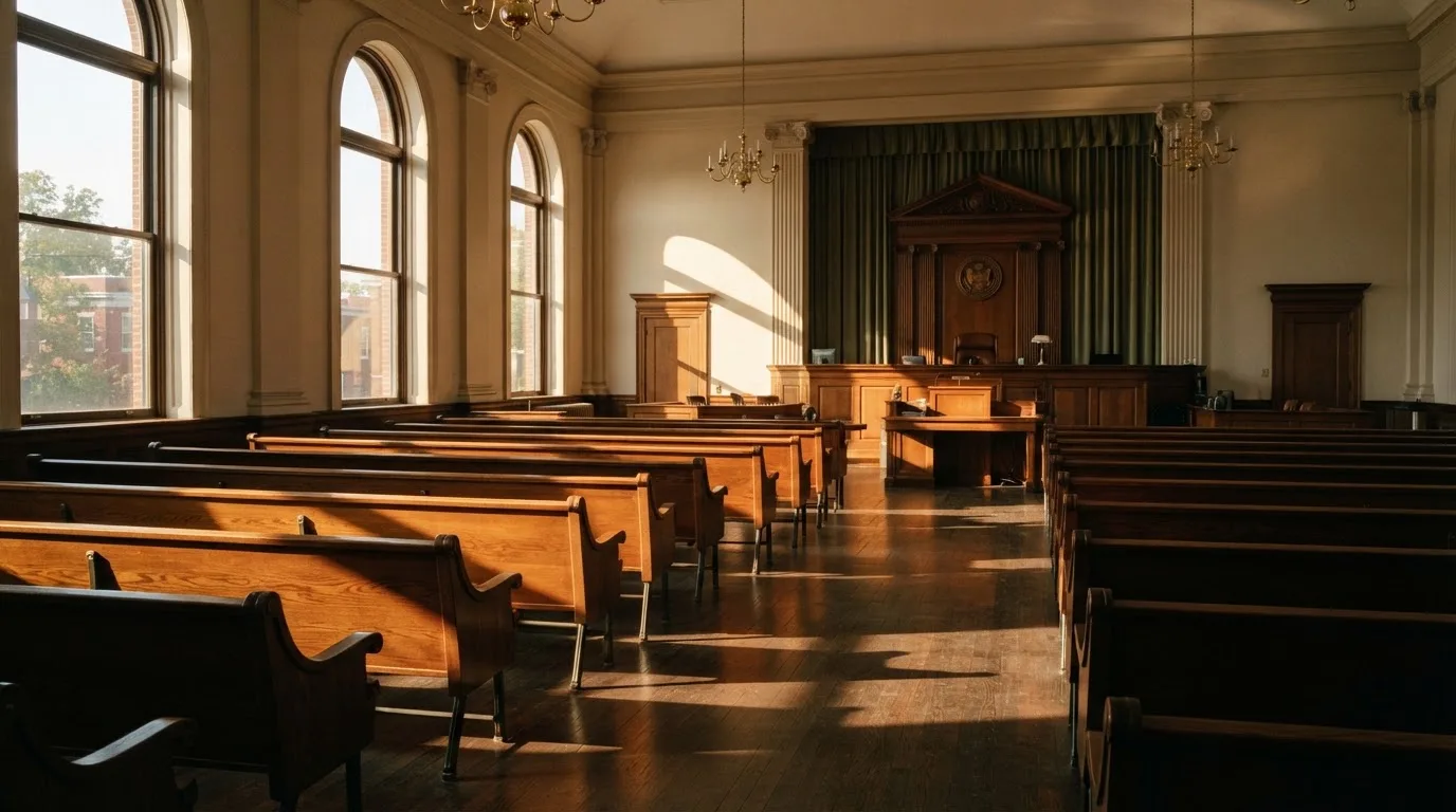 Una sala de tribunal vacía con bancos de madera a la luz de la mañana
