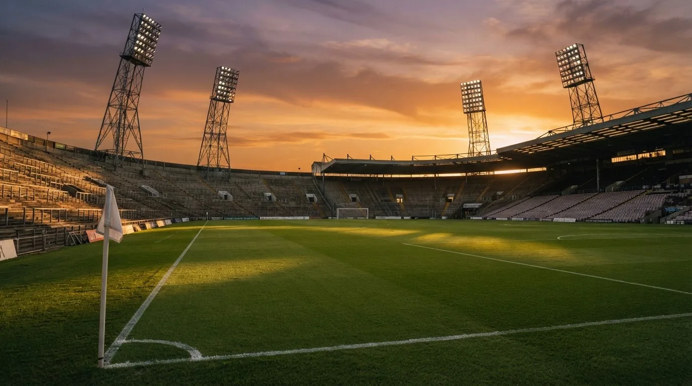 Un estadio de fútbol vacío con torres de iluminación al atardecer