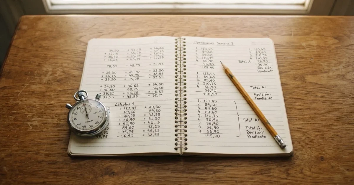 Un cuaderno abierto con un lápiz y un cronómetro sobre una mesa de madera