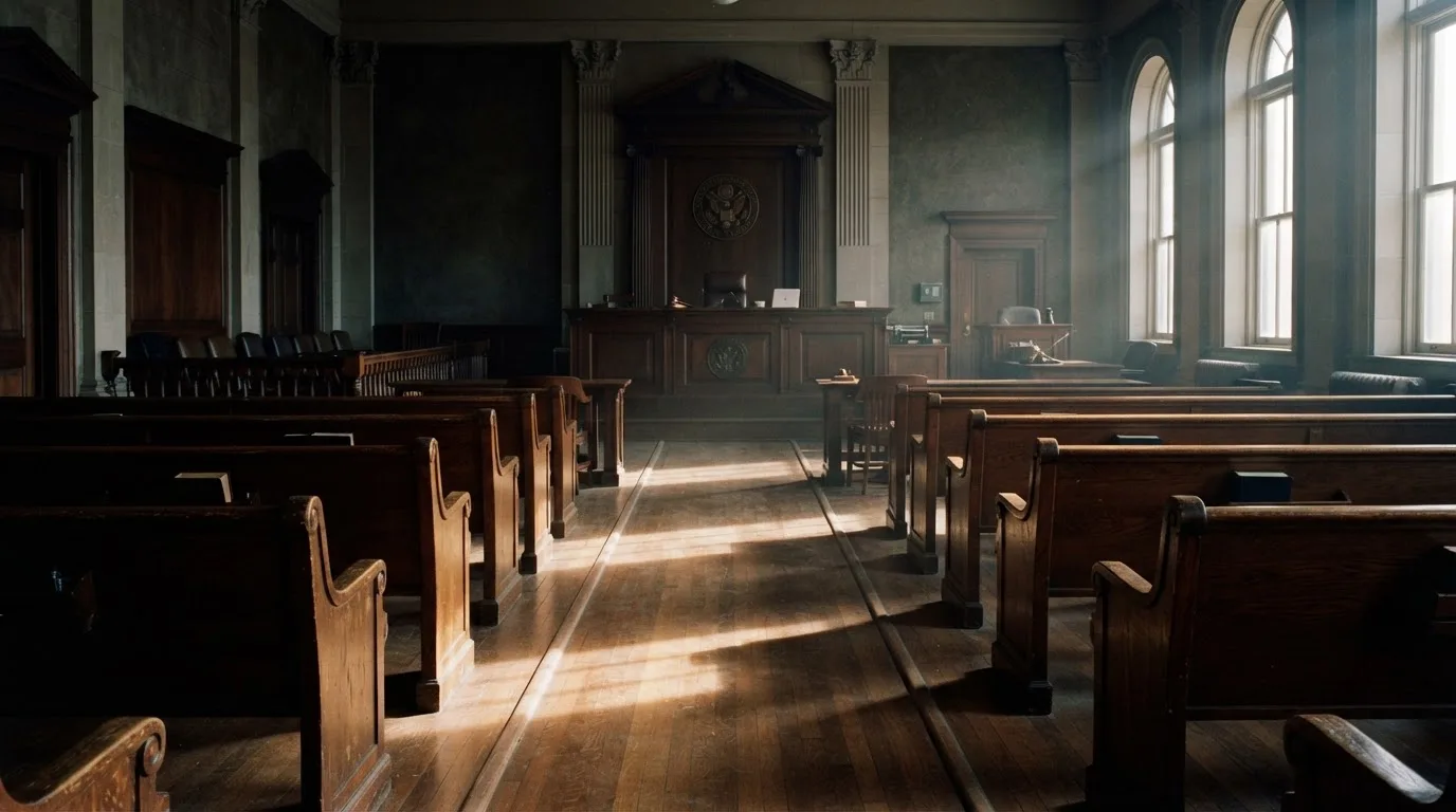 Una sala de tribunal vacía con bancos de madera a la luz de la mañana