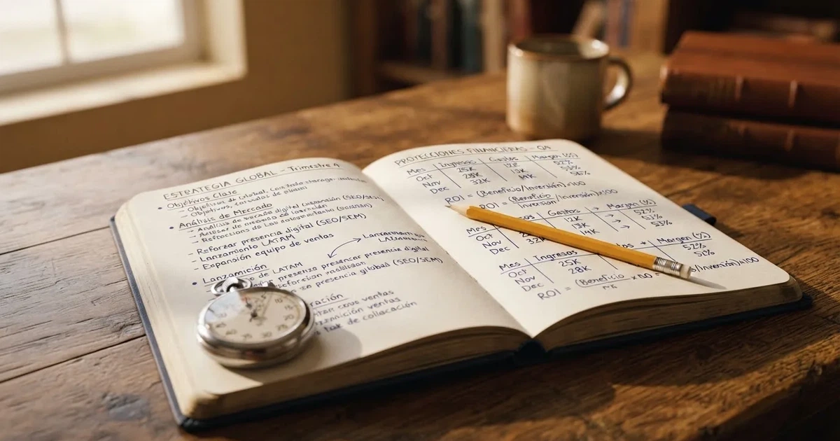 Un cuaderno abierto con un lápiz y un cronómetro sobre una mesa de madera