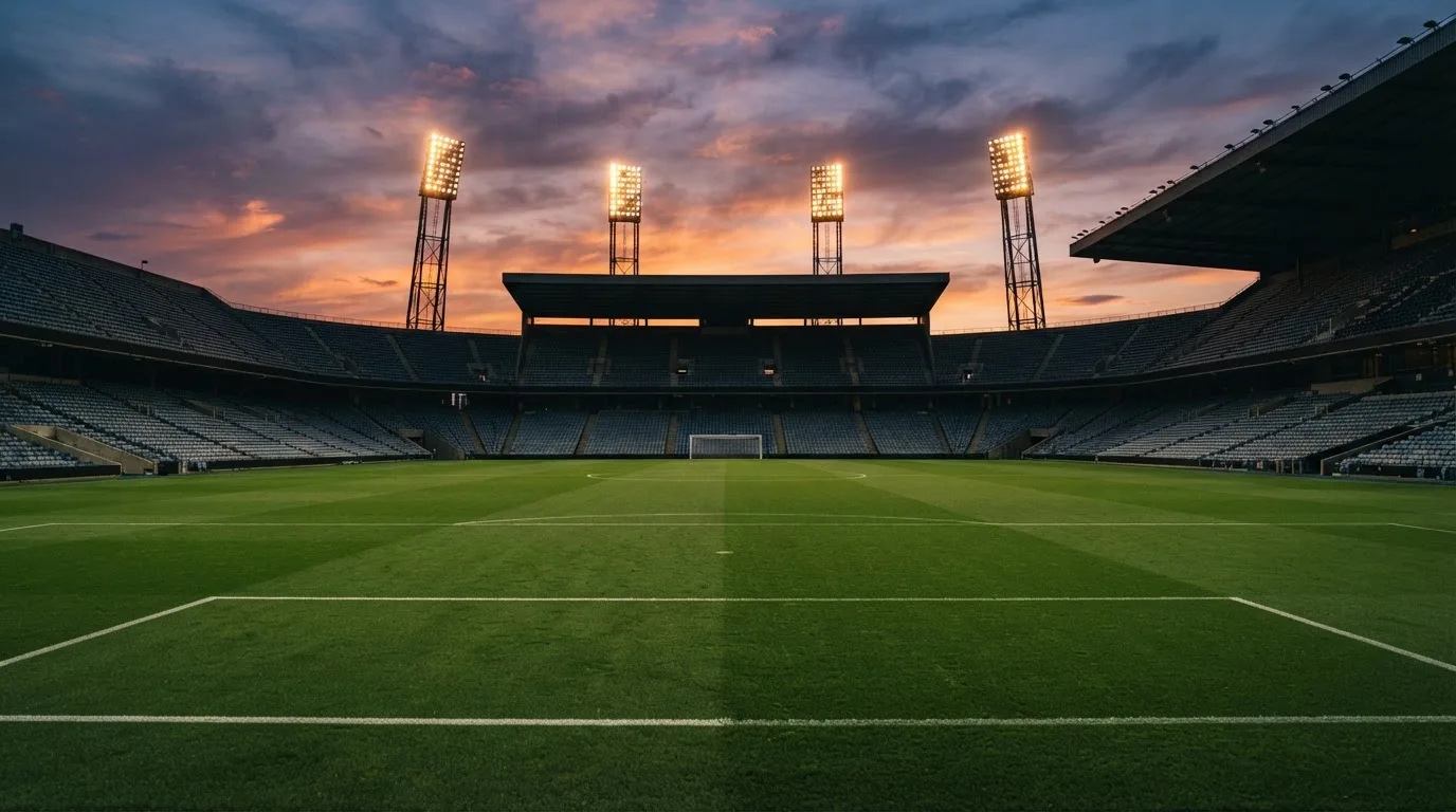 Un estadio de fútbol vacío con torres de iluminación al atardecer