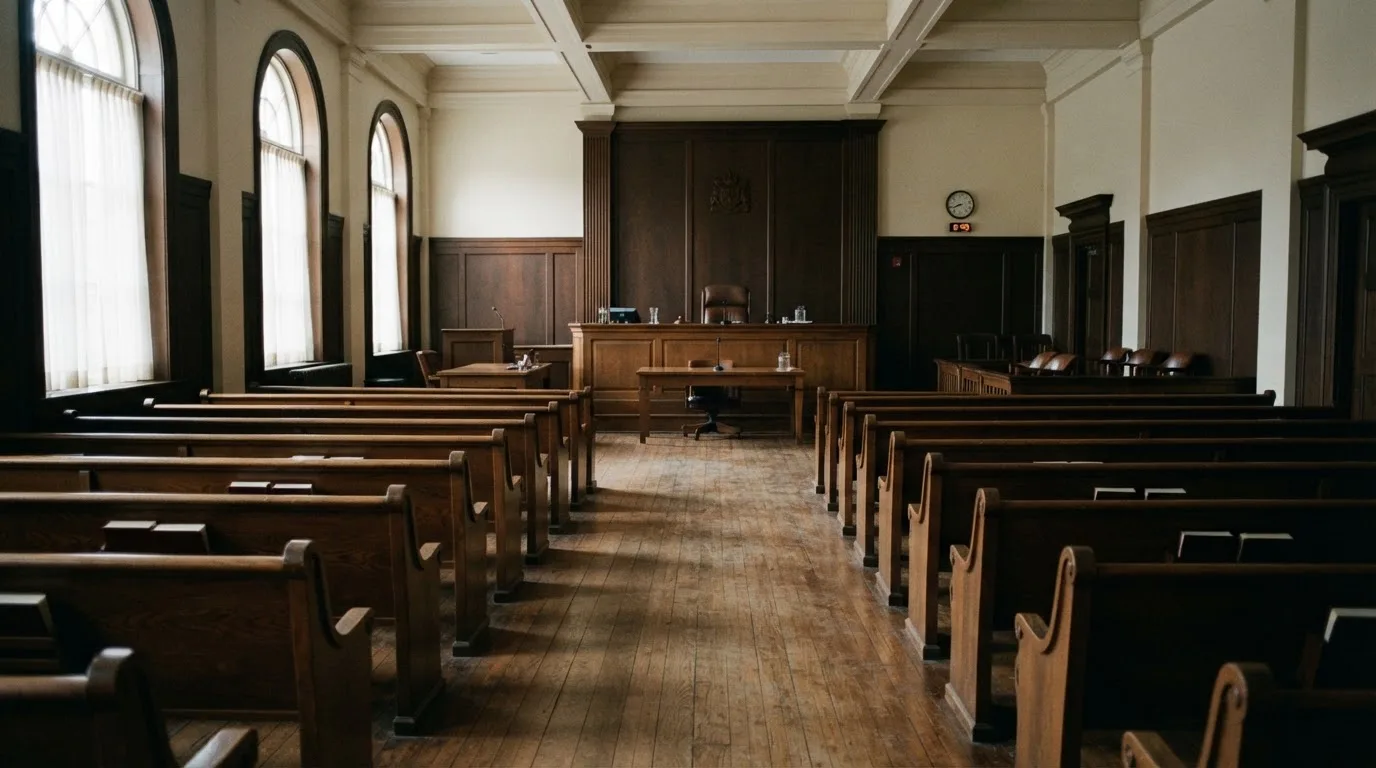 Una sala de tribunal vacía con bancos de madera a la luz de la mañana