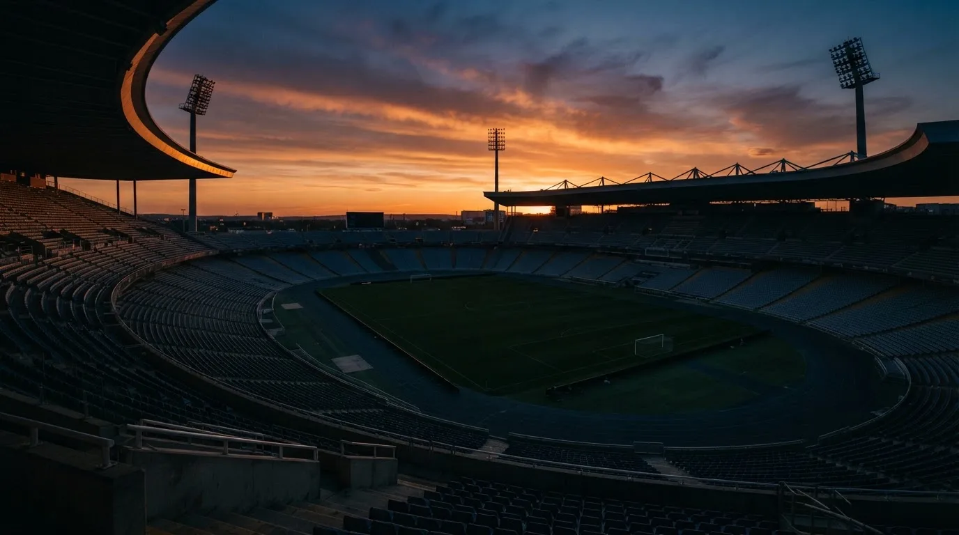 Un estadio de fútbol vacío con torres de iluminación al atardecer