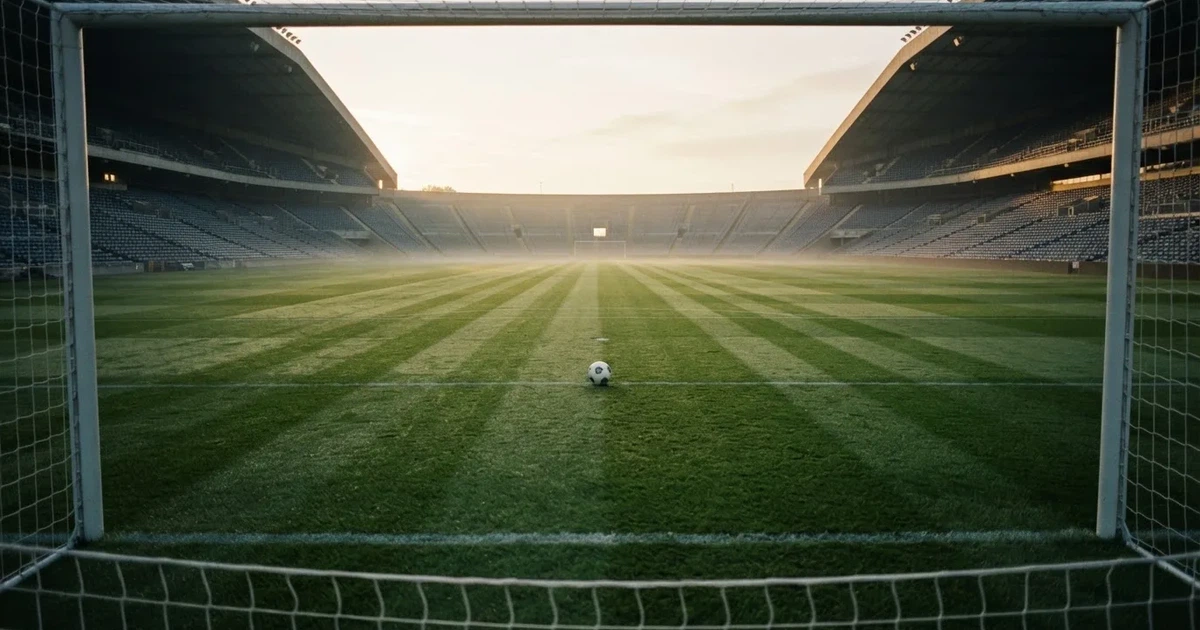 Un balón en el punto central de un campo de césped a la luz de la mañana