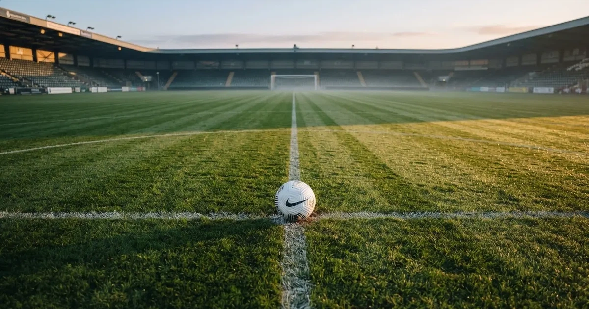 Un balón en el punto central de un campo de césped a la luz de la mañana