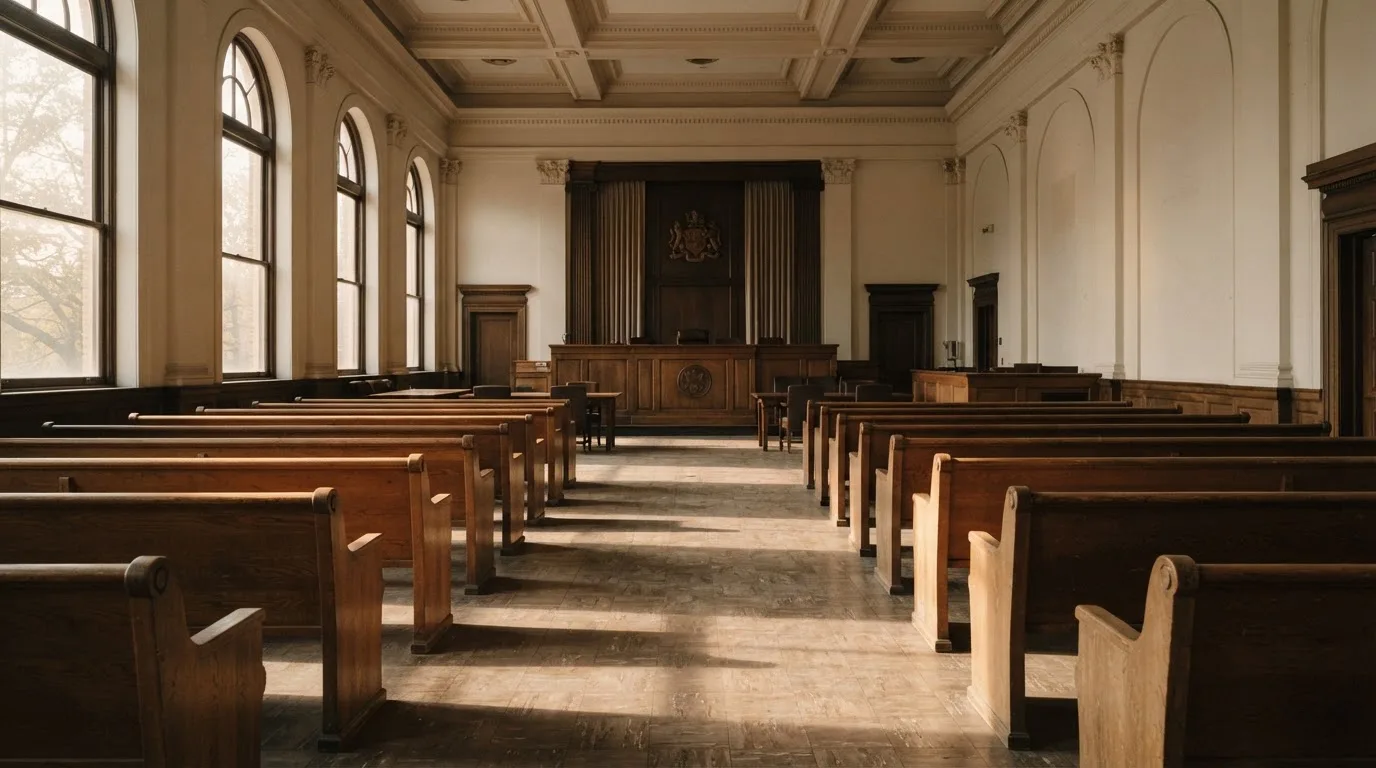 Una sala de tribunal vacía con bancos de madera a la luz de la mañana