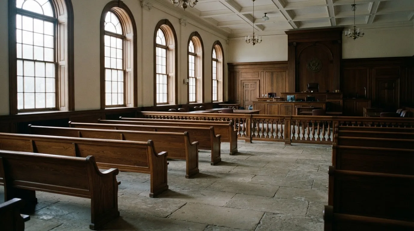 Una sala de tribunal vacía con bancos de madera a la luz de la mañana