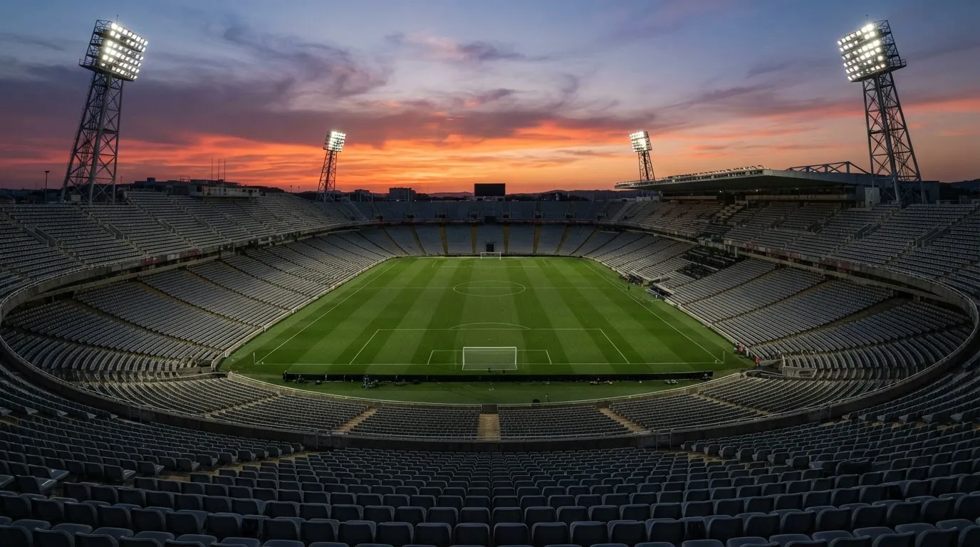 Un estadio de fútbol vacío con torres de iluminación al atardecer