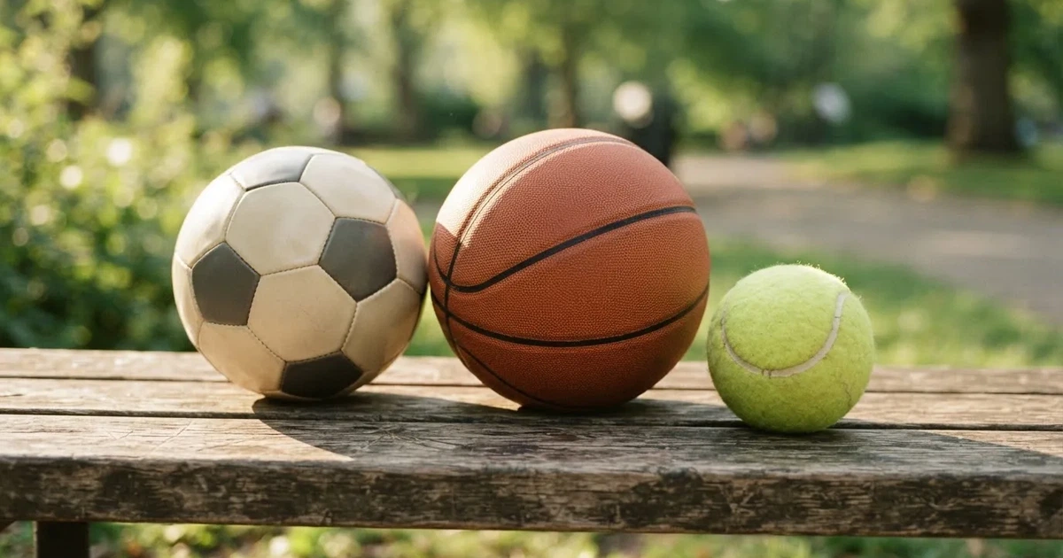 Tres balones de distintos tipos, uno junto a otro, sobre un banco de madera