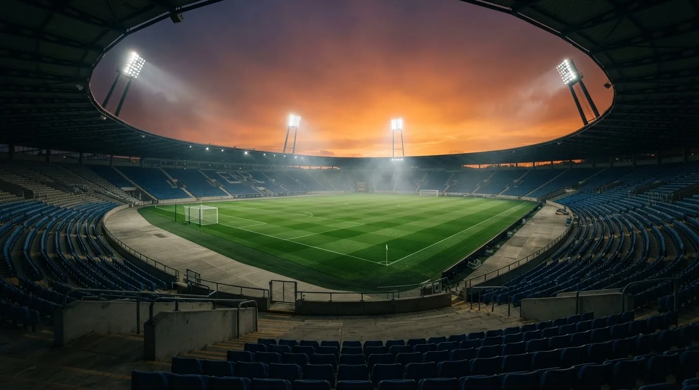 Un estadio de fútbol vacío con torres de iluminación al atardecer