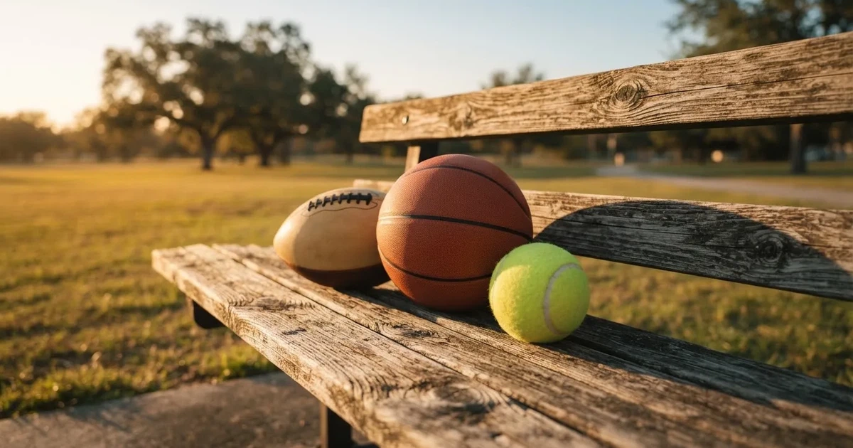 Tres balones de distintos tipos, uno junto a otro, sobre un banco de madera