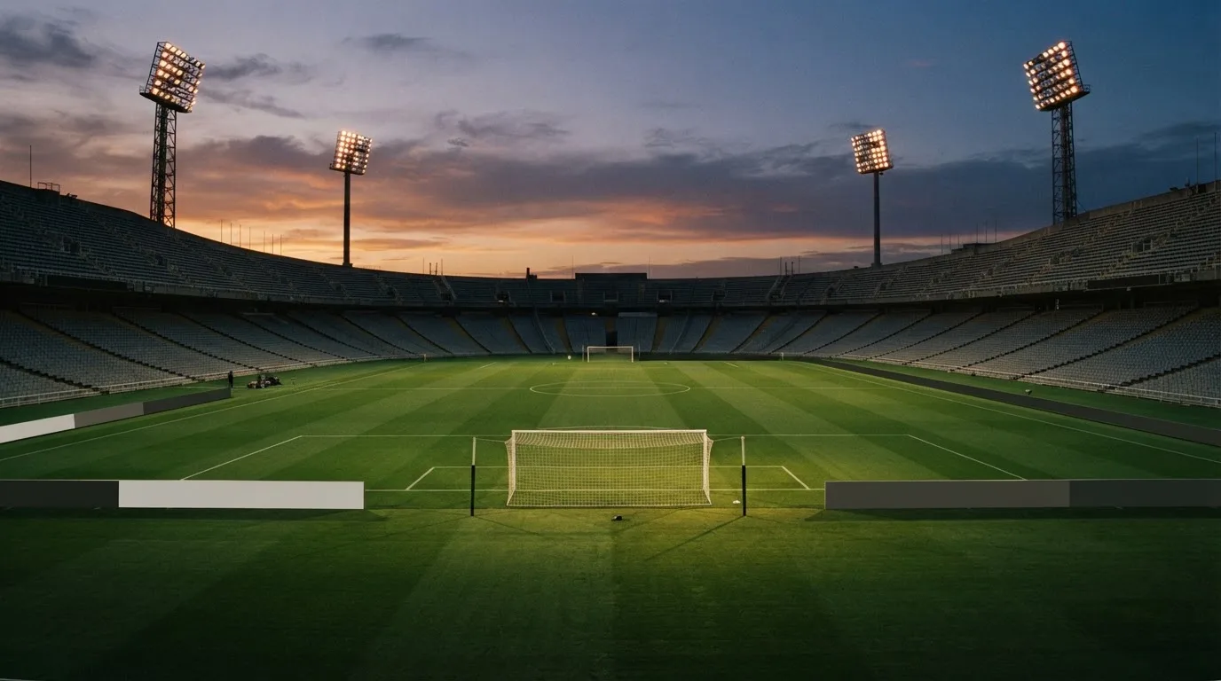 Un estadio de fútbol vacío con torres de iluminación al atardecer