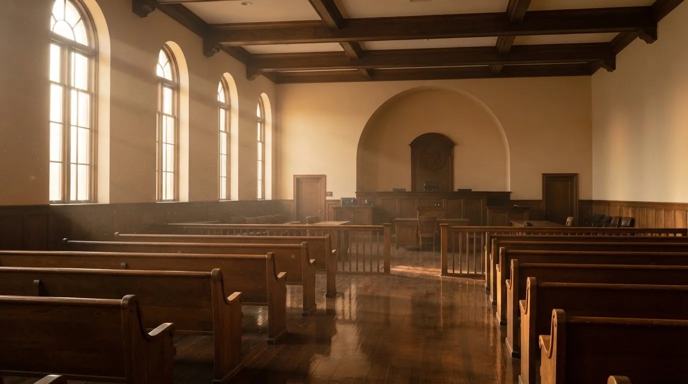 Una sala de tribunal vacía con bancos de madera a la luz de la mañana