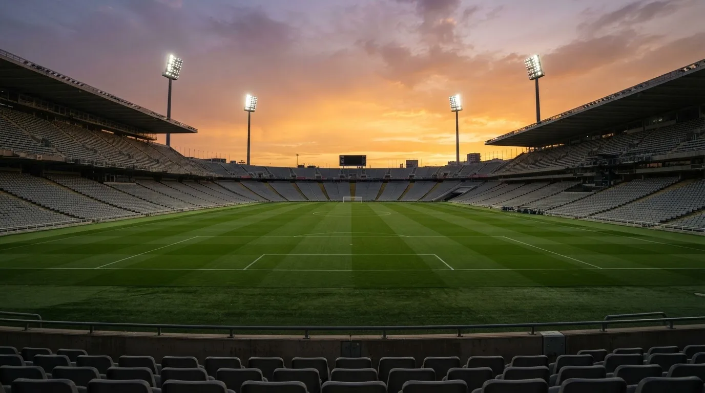 Un estadio de fútbol vacío con torres de iluminación al atardecer