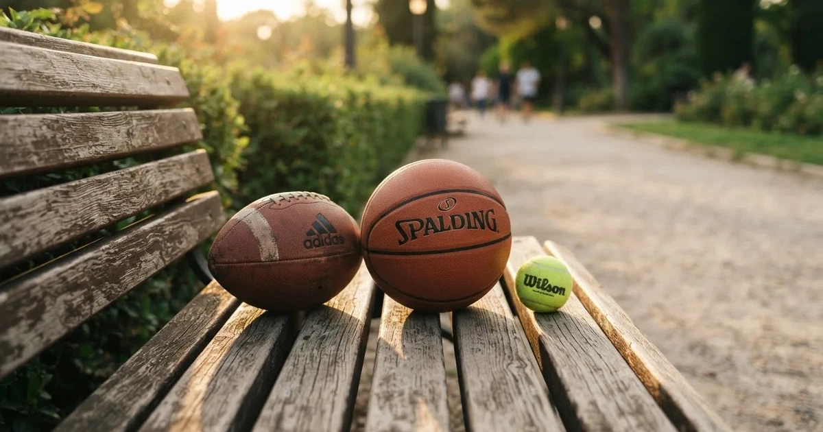 Tres balones de distintos tipos, uno junto a otro, sobre un banco de madera