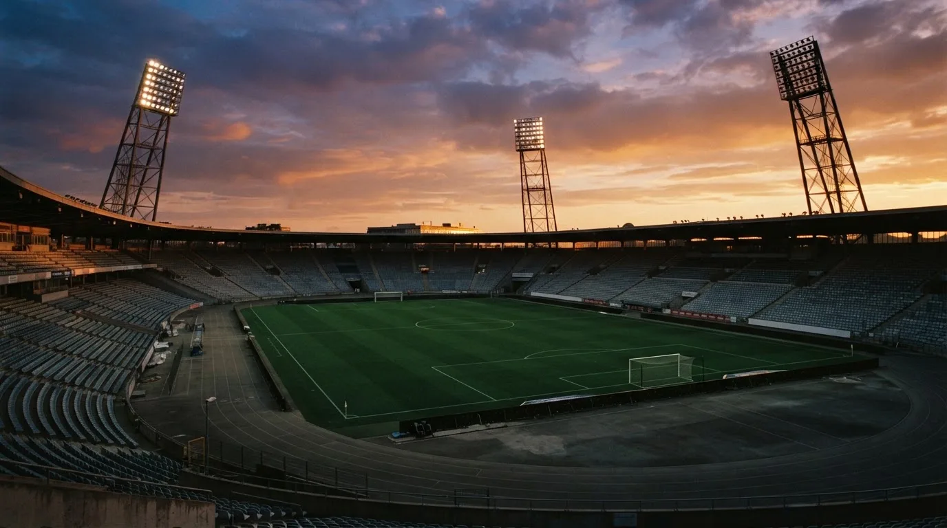 Un estadio de fútbol vacío con torres de iluminación al atardecer