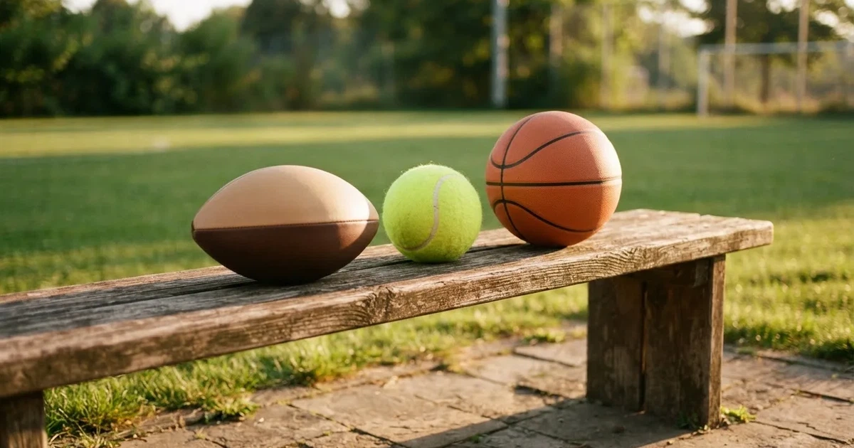 Tres balones de distintos tipos, uno junto a otro, sobre un banco de madera