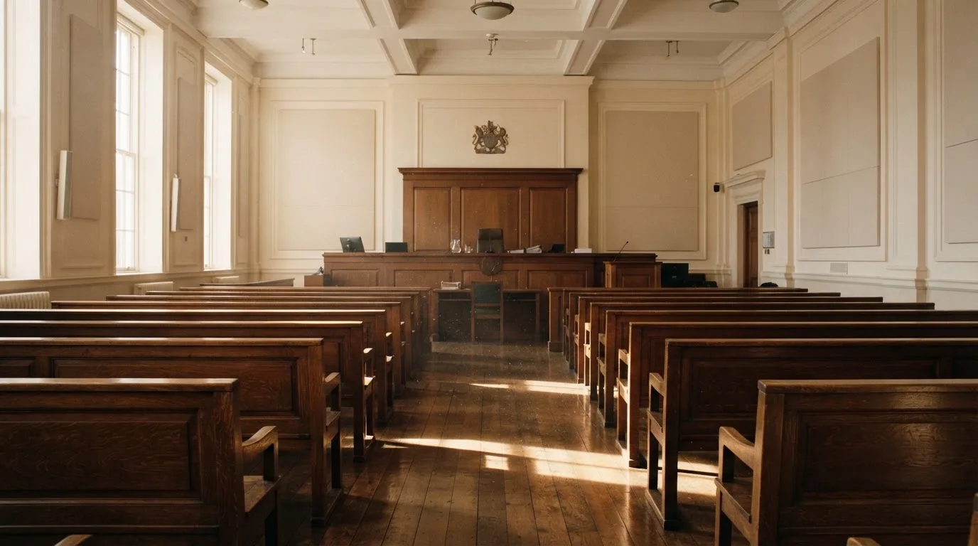 Una sala de tribunal vacía con bancos de madera a la luz de la mañana