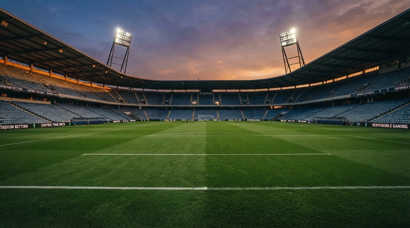 Un estadio de fútbol vacío con torres de iluminación al atardecer