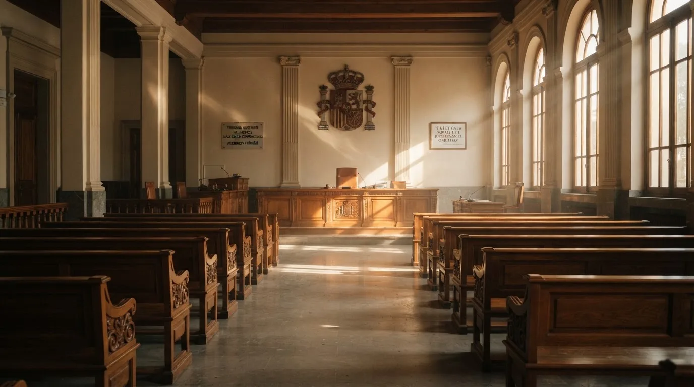 Una sala de tribunal vacía con bancos de madera a la luz de la mañana