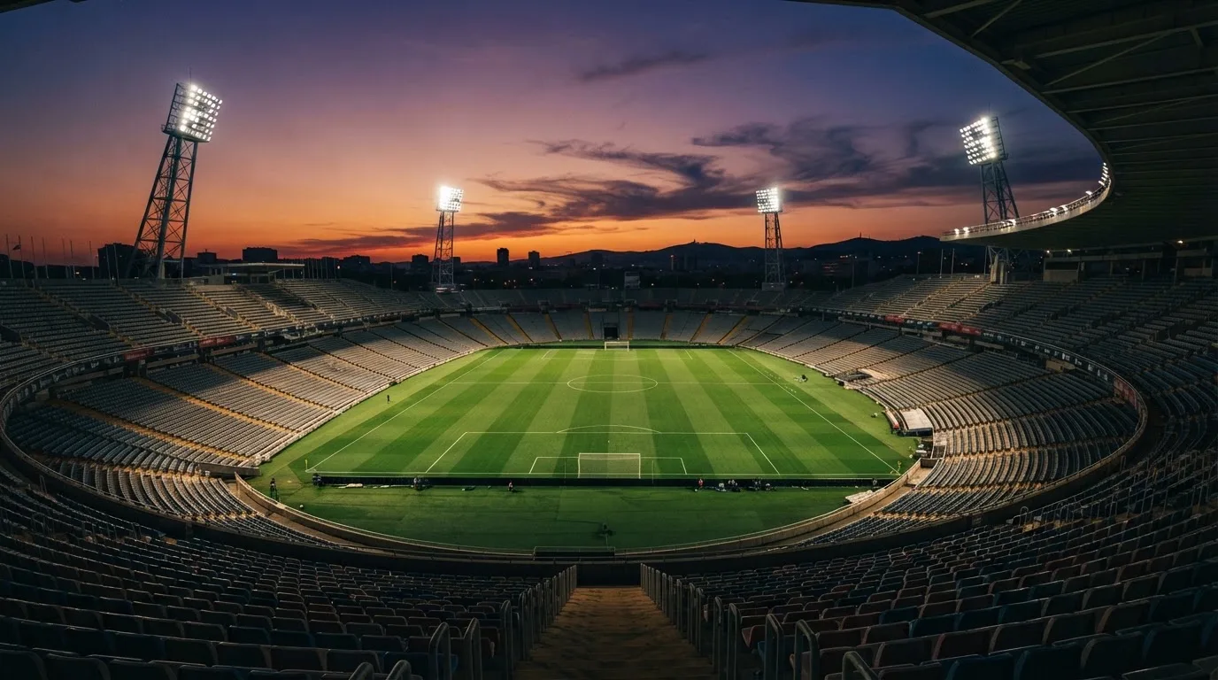 Un estadio de fútbol vacío con torres de iluminación al atardecer
