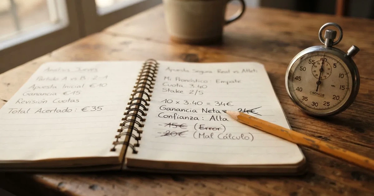 Un cuaderno abierto con un lápiz y un cronómetro sobre una mesa de madera
