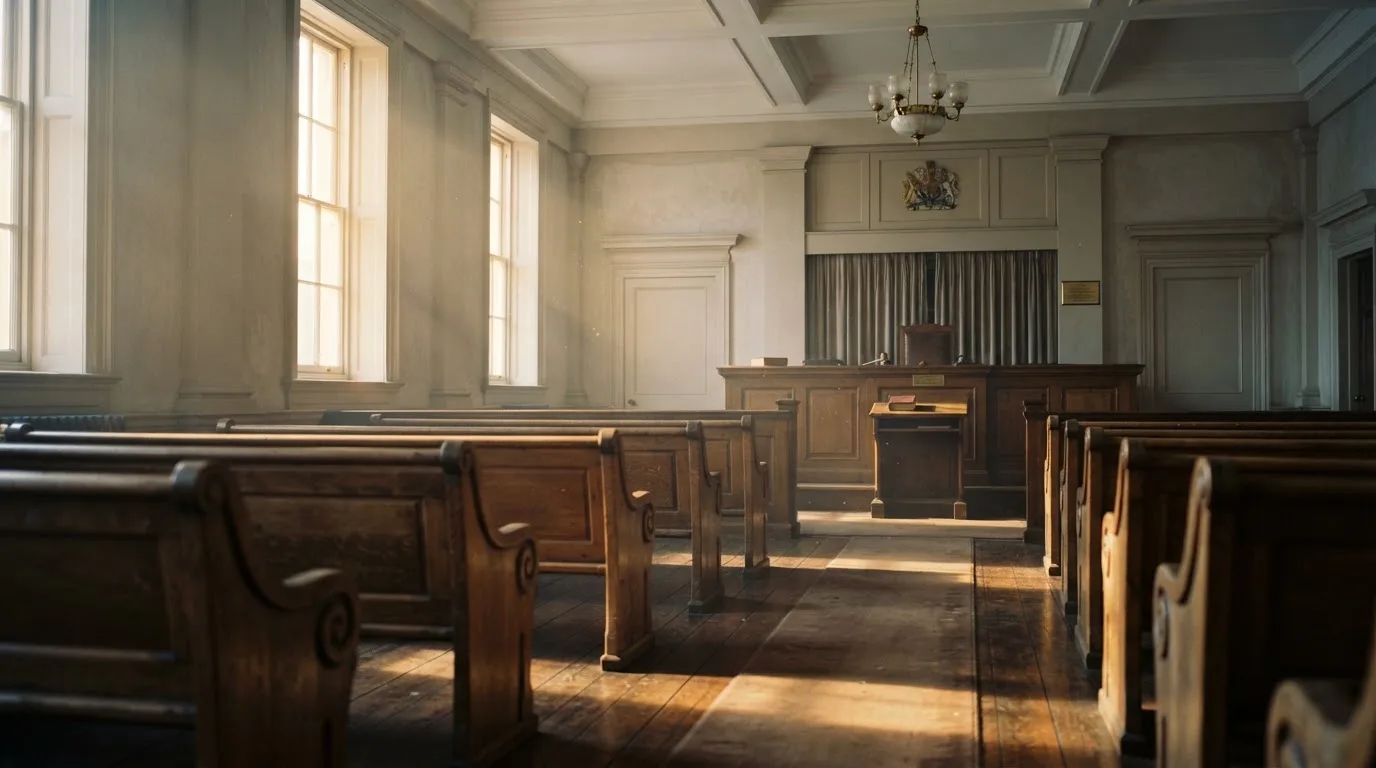 Una sala de tribunal vacía con bancos de madera a la luz de la mañana